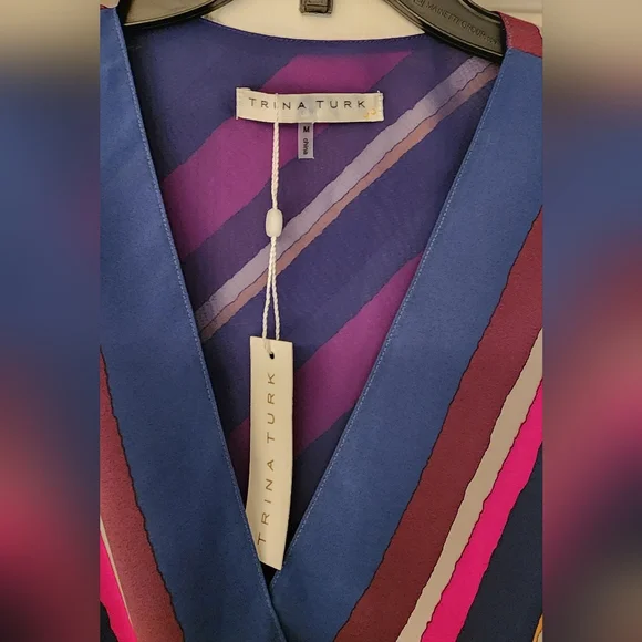 TRINA TURK Stellar Surplice V Neck Multi Striped Top Asymmetrical Hem Size Med - Picture 5 of 11